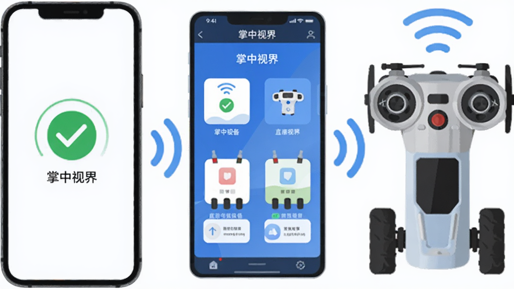 一张展示掌中视界智能设备直连功能的AI生图,主体是手机与遥控车通过无线信号连接,布局采用中心发散构图,手机在左,遥控车在右,中间是掌中视界软件界面,排版清晰,风格扁平化插画,细节包括连接成功的对勾图标和信号波纹,画质高清,干净无多余元素。