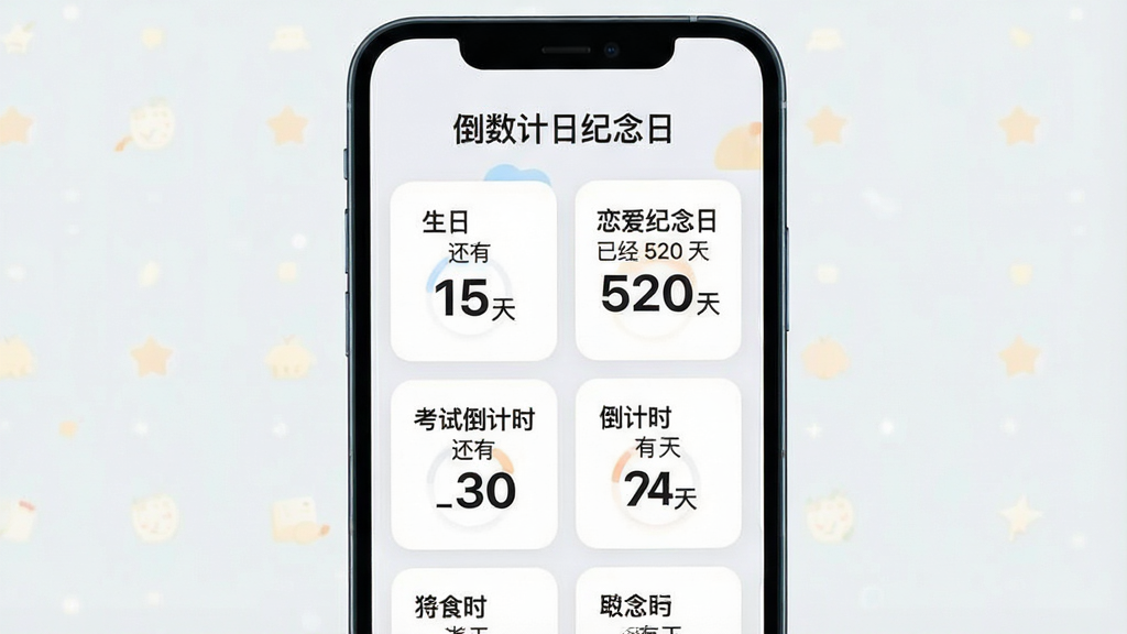 一张手机屏幕正面展示图,画面中央是倒数计日纪念日软件的主界面,顶部显示“倒数计日纪念日”中文标题,下方整齐排列多个倒计时卡片,卡片上分别写着“生日 还有 15 天”“恋爱纪念日 已经 520 天”“考试倒计时 还有 30 天”等文字,整体采用浅色背景与圆角卡片布局,风格清新简约,细节清晰,画质干净,无多余元素,适合软件下载站展示。