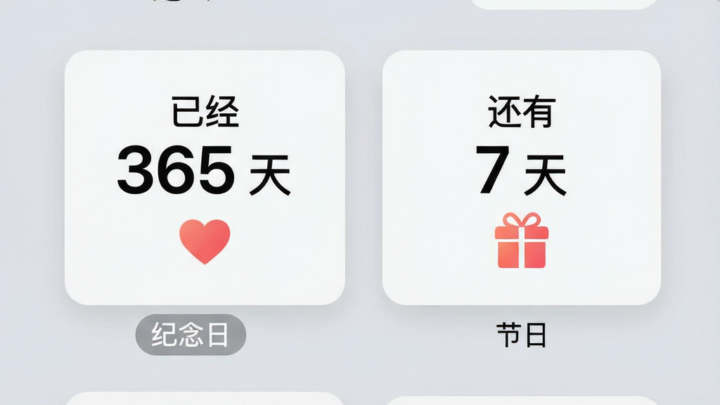 一张倒数计日纪念日软件内部界面的特写图,画面中同时展示正数日与倒数日两种卡片,左侧卡片显示“已经 365 天”并配有爱心图标,右侧卡片显示“还有 7 天”并配有礼物图标,卡片下方有分类标签“纪念日”“节日”,背景为柔和浅灰,整体排版整齐,风格干净清爽,画质清晰,无多余元素。