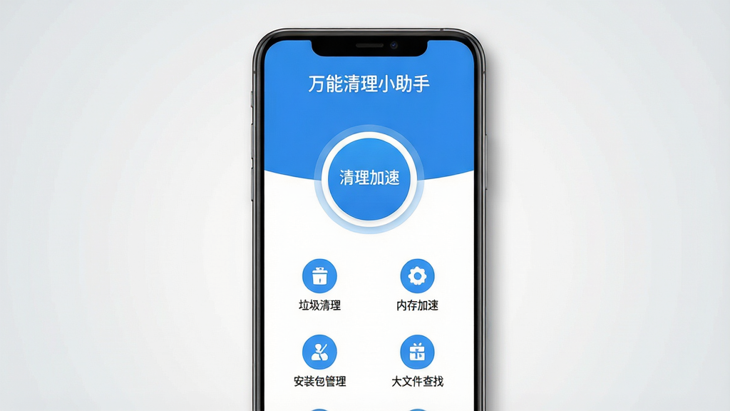 一张展示“万能清理小助手”手机应用界面的预览图。主体是一部竖屏安卓手机,屏幕中央显示软件主界面,界面顶部有“万能清理小助手”文字标题,中间是一个醒目的圆形清理加速按钮,下方排列着垃圾清理、内存加速、安装包管理、大文件查找四个功能图标。布局采用居中对称排版,风格为清爽简约的科技蓝白配色,细节上手机边缘有轻微阴影,背景为干净的浅灰渐变。画质清晰,干净,无多余元素。