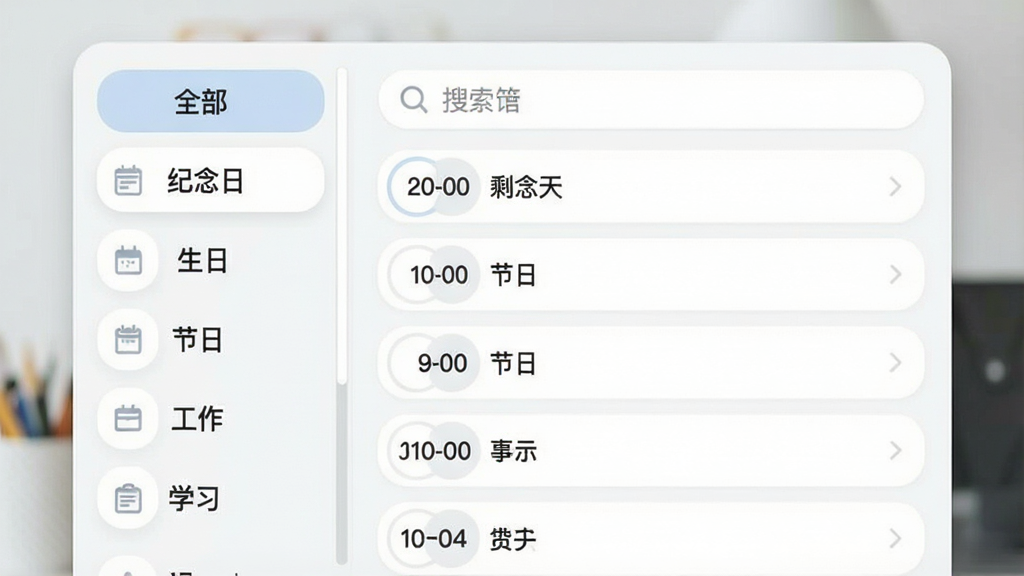 一张倒数计日纪念日软件分类管理界面的图片,画面左侧是分类标签栏,显示“全部”“纪念日”“生日”“节日”“工作”“学习”等选项,右侧是事件列表,顶部有搜索框,列表项按剩余天数排列,整体采用浅色主题与圆角设计,排版清晰,风格简约,画质干净,无多余元素。