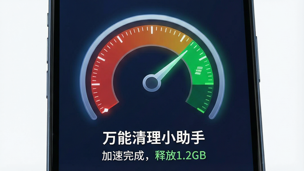一张展示“万能清理小助手”内存加速功能的示意图。主体是手机屏幕,屏幕中央有一个环形内存占用仪表盘,指针从红色区域转向绿色区域,下方有“万能清理小助手”文字标识和“加速完成,释放1.2GB”字样。布局为居中展示,风格为清爽的仪表盘设计,细节上仪表盘有刻度线和发光效果。画质清晰,干净,无多余元素。