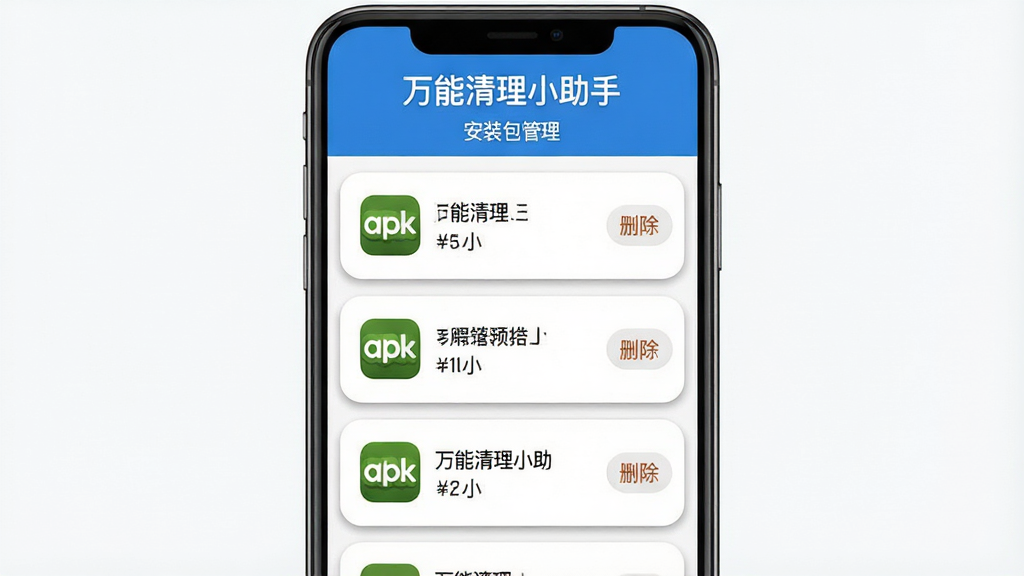 一张展示“万能清理小助手”安装包管理界面的预览图。主体是手机屏幕,屏幕中显示一个列表,列表项包含APK图标、文件名、大小和删除按钮,顶部有“万能清理小助手”文字标题和“安装包管理”副标题。布局为垂直列表排版,风格为简洁的卡片式设计,细节上每个列表项有圆角边框和轻微阴影。画质清晰,干净,无多余元素。
