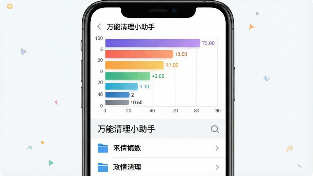 一张展示“万能清理小助手”大文件查找功能的示意图。主体是手机屏幕,屏幕中显示一个横向条形图,图表中不同颜色的条形代表不同大小的文件,下方有“万能清理小助手”文字标识和文件列表。布局为图表在上、列表在下,风格为数据可视化风格,细节上条形图有渐变填充和数值标注。画质清晰,干净,无多余元素。