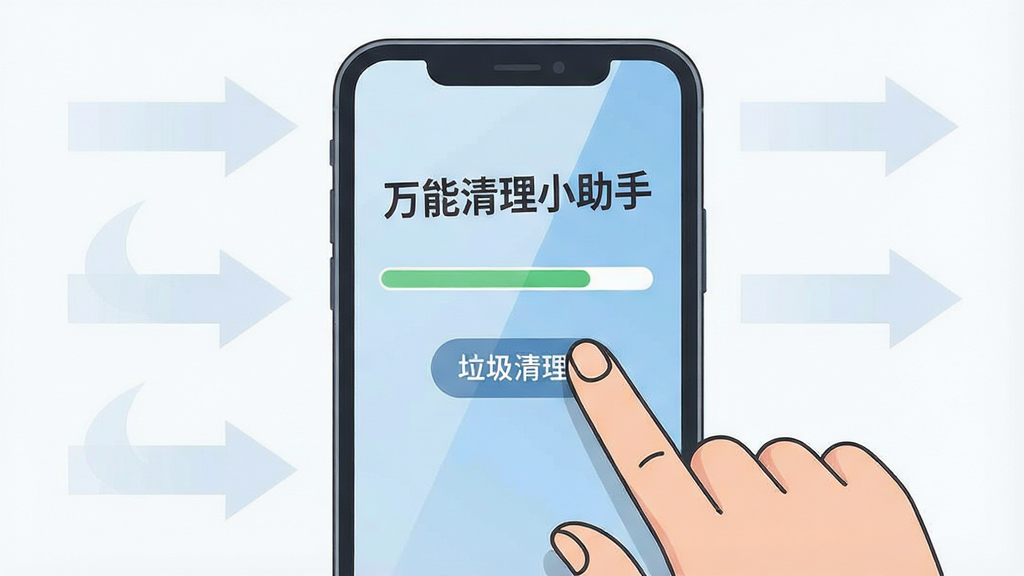 一张展示“万能清理小助手”使用教程的示意图。主体是一部手机和一只手,手指正点击屏幕上的“垃圾清理”按钮,屏幕中显示“万能清理小助手”文字标题和清理进度条。布局为手和手机居中,背景有淡淡的教程步骤箭头。风格为扁平化插画风格,细节上手指有简洁的轮廓线,屏幕有轻微反光效果。画质清晰,干净,无多余元素。