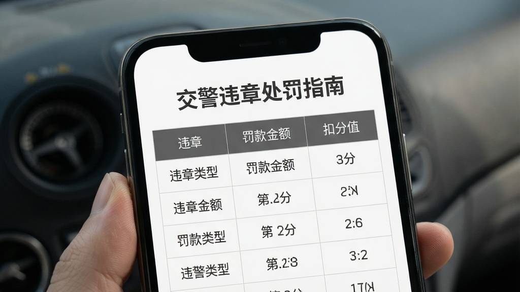 手机屏幕显示交通违章处罚标准对照表,标题为