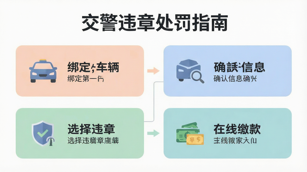 手机界面展示交通违章线上处理流程步骤图,标题为