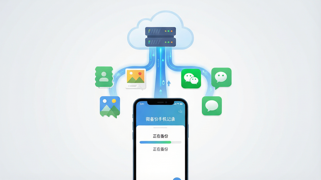 一张展示微备份手机云记录核心功能的整体概念图。画面中央是一部智能手机,屏幕显示微备份手机云记录的备份进度界面,手机上方漂浮着通讯录、照片、微信图标、短信等元素,这些元素正通过一条发光的蓝色数据流汇聚到画面顶部的一朵白云形状的服务器中。布局采用中心对称构图,风格为扁平化科技插画,细节上手机屏幕有清晰的进度条和“正在备份”字样,背景为干净的浅灰色渐变,画质高清,整体干净整洁,无多余元素。