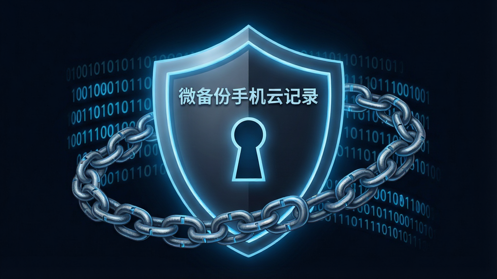 一张体现微备份手机云记录安全加密特性的视觉图。画面中央是一个发光的盾牌图标,盾牌内部有一个锁孔,盾牌表面刻有“微备份手机云记录”字样。盾牌周围环绕着二进制代码流和加密锁链的图案。布局为居中特写,风格为具有科技感的暗色调插画,细节上锁链呈现金属质感,代码流为蓝色发光字体,画质高清,背景干净,突出安全主题,无多余元素。