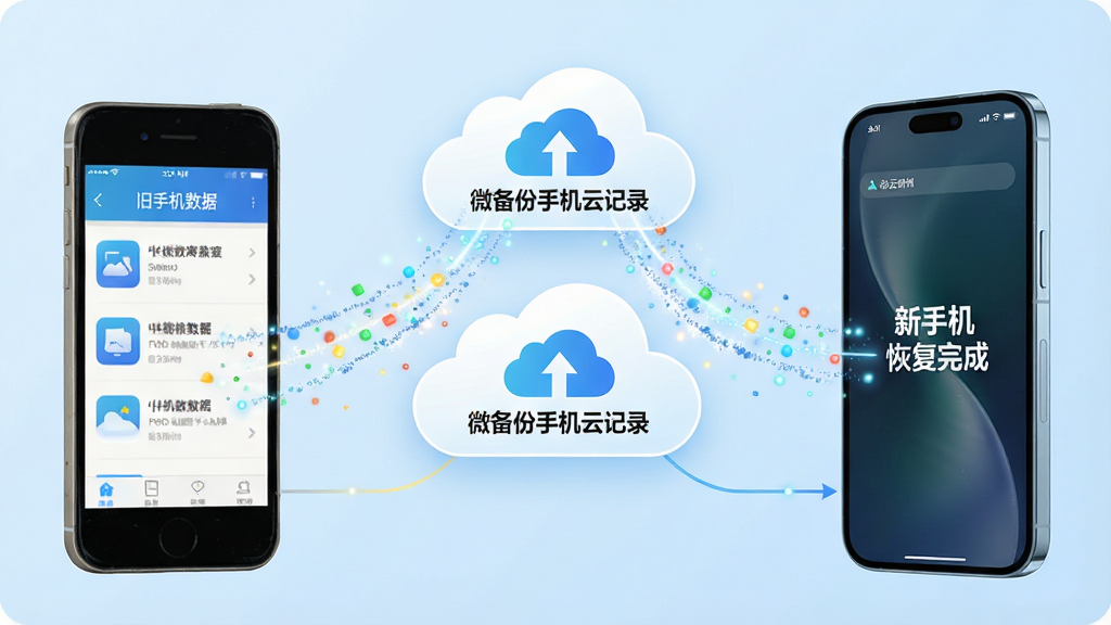 一张展示微备份手机云记录跨设备迁移功能的场景图。画面左侧是一部旧款手机,屏幕显示“旧手机数据”,画面右侧是一部新款手机,屏幕显示“新手机恢复完成”。两部手机之间通过一朵带有“微备份手机云记录”标志的白云连接,数据以发光的粒子流形式从旧手机流向云端再流向新手机。布局为左右对称,风格为现代科技插画,细节上手机界面清晰,粒子流有动态感,画质高清,背景为干净的浅蓝色,无多余元素。