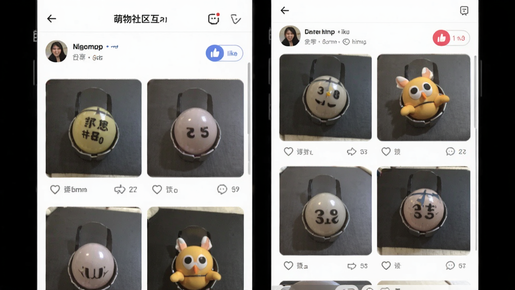 萌物番社区互动界面预览图,画面展示用户发布的扭蛋收藏照片瀑布流,布局为双列信息流,排版自然,风格为社交分享类应用界面,细节包括点赞按钮和评论气泡,画质清晰,画面干净,无多余元素