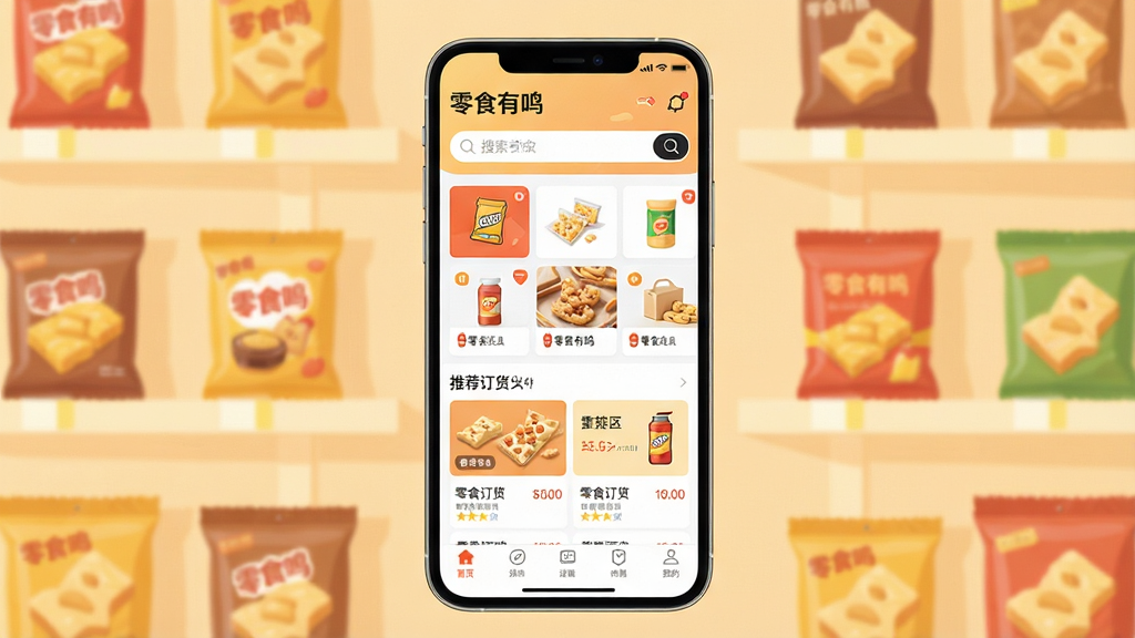 零食有鸣手机应用主界面展示,画面中央是一部竖屏智能手机,屏幕内呈现零食有鸣APP的首页布局,顶部为品牌名称“零食有鸣”与搜索框,中部为商品分类卡片与推荐订货区,底部为导航栏,背景为浅暖色调的零食货架与包装袋元素点缀,整体采用扁平化UI风格,细节干净清晰,画质高清,无多余杂乱元素