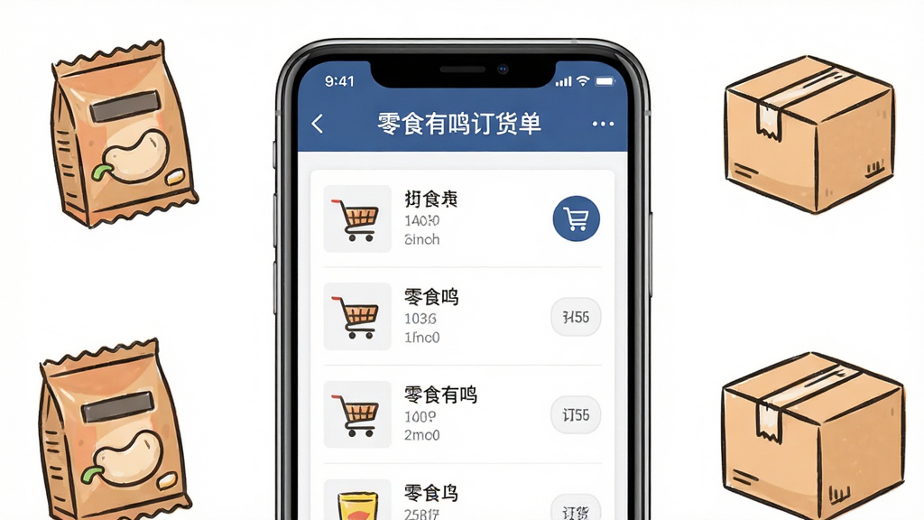 零食有鸣订货管理界面展示,画面为一部手机屏幕特写,屏幕中显示商品列表与订货车图标,页面标题为“零食有鸣订货单”,周围环绕零食包装盒与物流纸箱的简笔插画,布局居中,风格简洁商务,细节清晰,画质干净,无多余元素