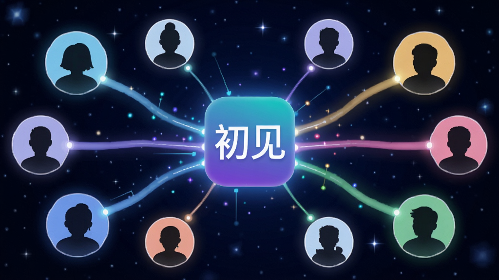一个科技感与温情并存的匹配概念图,画面中心是“初见”APP的图标,图标周围发散出多条彩色光线连接着不同风格的用户头像剪影,背景是深蓝色星空,风格梦幻科技,细节丰富,画质清晰,干净无多余元素