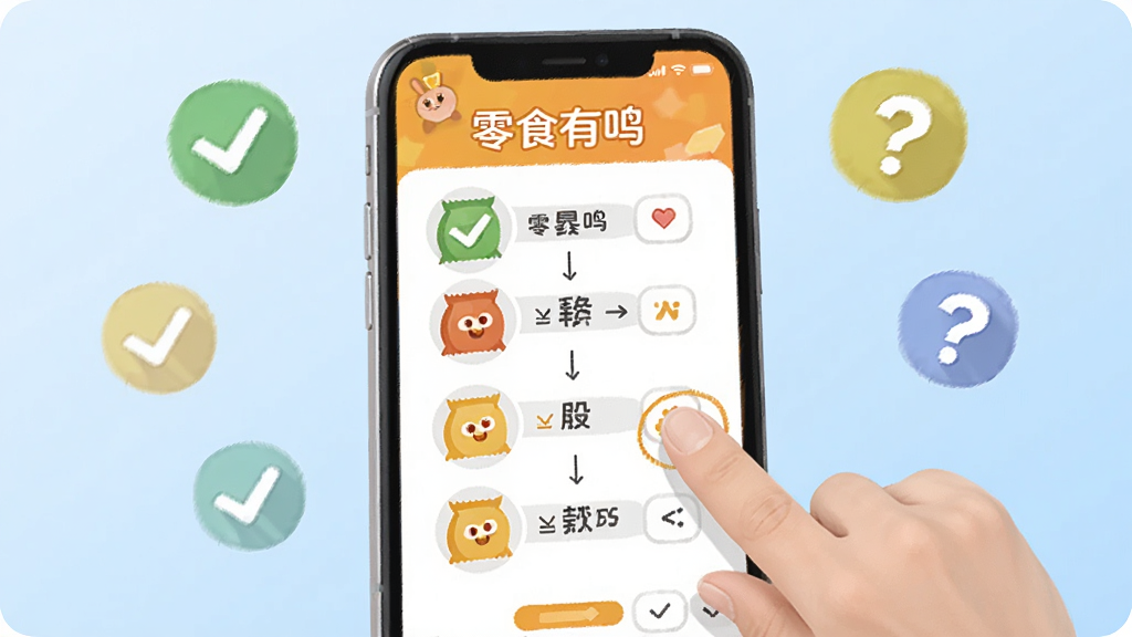 零食有鸣新手操作指引插画,画面为一部手机与一只手点击屏幕的示意,屏幕中显示“零食有鸣”订货流程步骤图,背景为浅蓝色渐变,周围点缀对勾图标与问号图标,排版简洁,风格明快,画质清晰,无多余元素