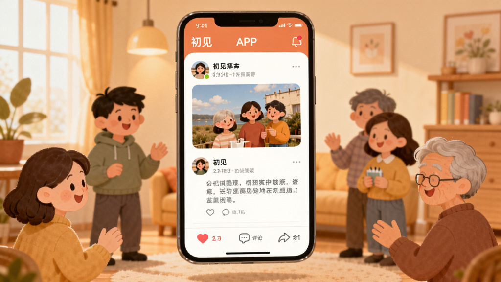 一个温馨的线上社区场景插画,画面中“初见”APP的界面悬浮在空中,界面内展示着用户发布的照片和文字动态,下方有爱心和评论图标,周围有不同年龄的卡通人物在互动,背景是暖色调的室内环境,风格温暖治愈,布局错落有致,画质高清,干净无多余元素