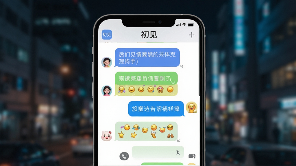 一个展示即时聊天的界面特写图,画面中央是“初见”APP的聊天窗口,窗口内有彩色的聊天气泡和可爱的表情包,背景是模糊的城市夜景,风格现代简洁,细节清晰,画质高清,干净无多余元素