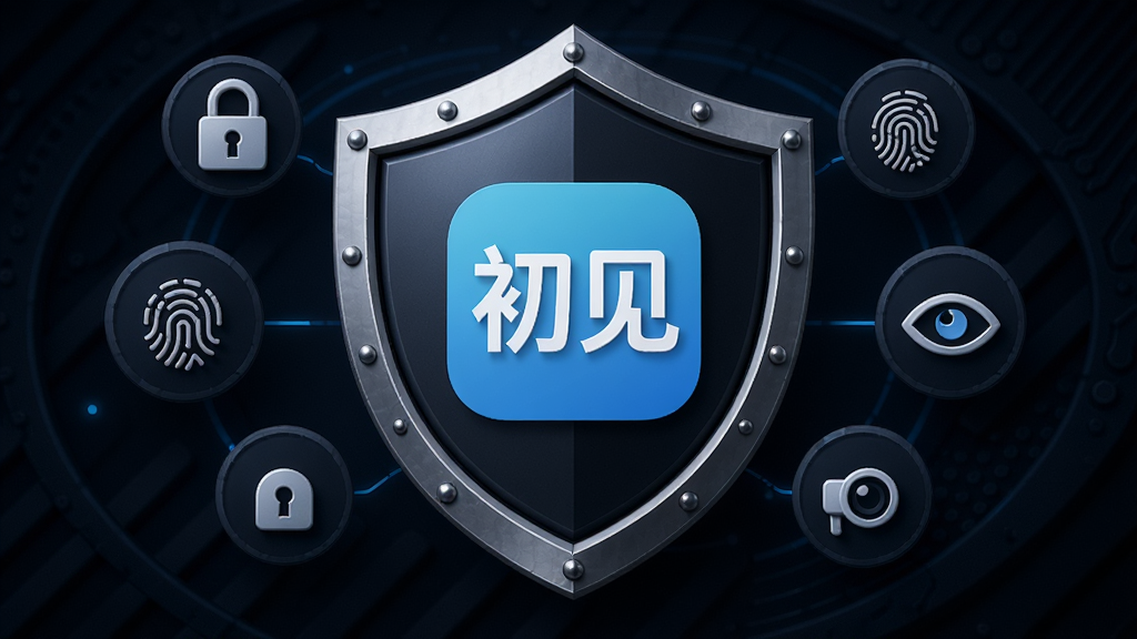一个象征安全与守护的盾牌概念图,盾牌中央印有“初见”APP的标识,盾牌周围环绕着锁、指纹、眼睛等安全图标,背景是深色科技纹理,风格稳重可靠,细节精致,画质高清,干净无多余元素