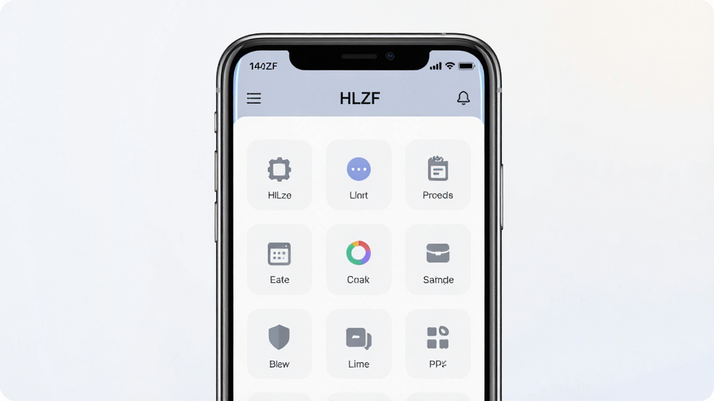 一张展示HLZF软件主界面的手机样机图,主体为居中放置的智能手机,屏幕内显示HLZF应用的极简风格首页,包含功能图标网格与顶部标题栏,布局干净对称,排版突出中心屏幕,风格为现代扁平化科技感,细节上屏幕边缘有轻微反光,背景为浅色渐变,画质清晰,干净,无多余元素