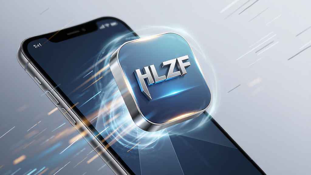 一张表达HLZF极速启动概念的创意插图,主体为一枚发光的应用图标从手机屏幕中弹射而出,布局为图标位于画面中央,周围环绕速度线,排版采用对角线动感构图,风格为3D渲染科技风,细节上图标带有金属质感与光晕,画质高清,干净,无多余元素