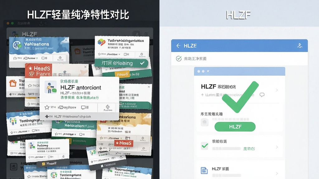一张表现HLZF轻量纯净特性的对比图,主体为左右分屏,左侧是杂乱广告弹窗,右侧是HLZF干净界面,布局为左右对称,排版突出右侧清爽感,风格为扁平化信息图,细节上右侧界面有绿色对勾标记,画质清晰,干净,无多余元素