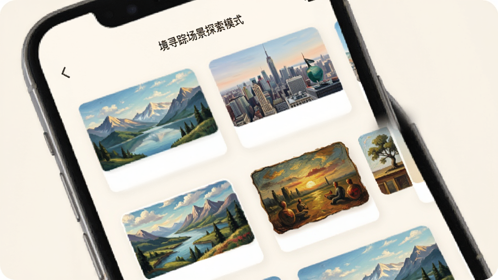 画境寻踪场景探索模式界面,画面展示手机屏幕内多个场景卡片排列,卡片上有山水、城市、油画等缩略图,背景为柔和米白色,风格清新浅色,布局整齐,细节清晰,画质干净,无多余元素