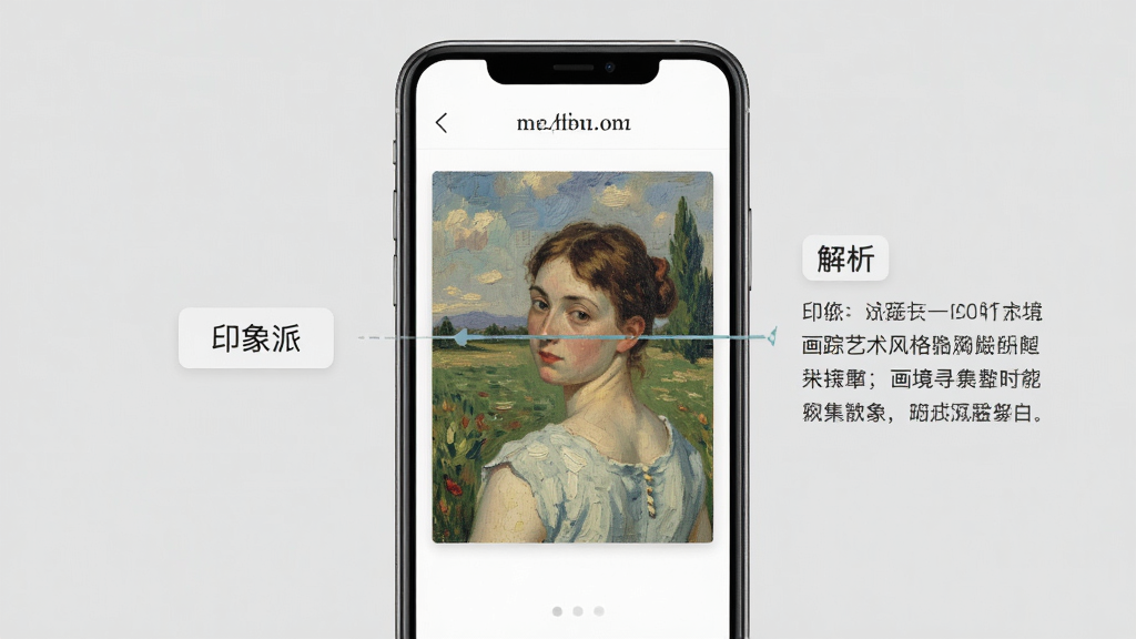 画境寻踪艺术风格解析界面,手机屏幕中展示一幅油画作品,旁边有风格标签“印象派”和解析文字,背景为淡灰色,风格素雅极简,细节清晰,画质干净,无多余元素