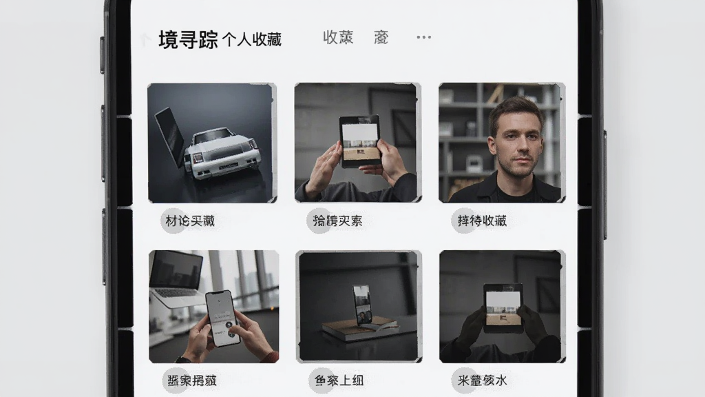 画境寻踪个人收藏界面,手机屏幕内显示网格状收藏列表,每项包含缩略图和标签,背景为浅灰色,风格简约商务,布局清晰,细节干净,无多余元素