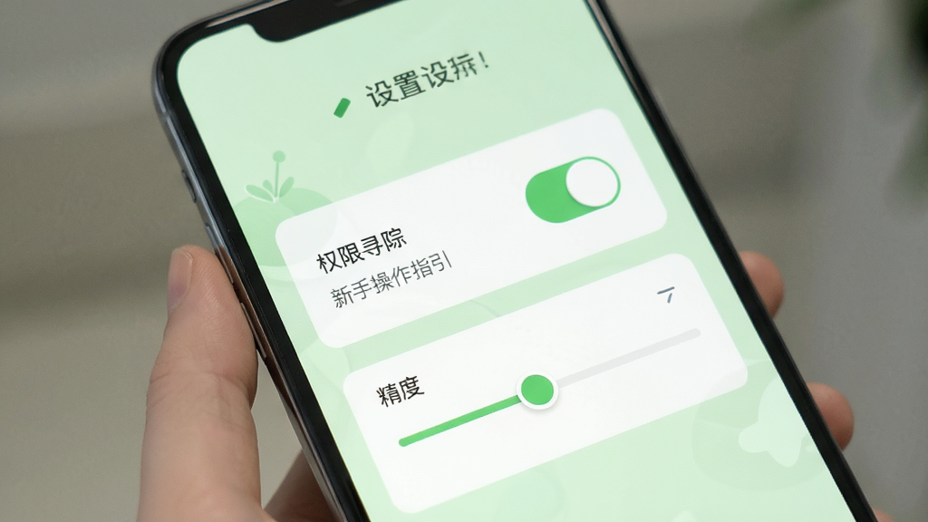 画境寻踪新手操作指引图,画面为手机屏幕展示设置界面,有权限开关和精度调节滑块,背景为浅绿色,风格清新浅色,布局简洁,细节清晰,画质干净,无多余元素