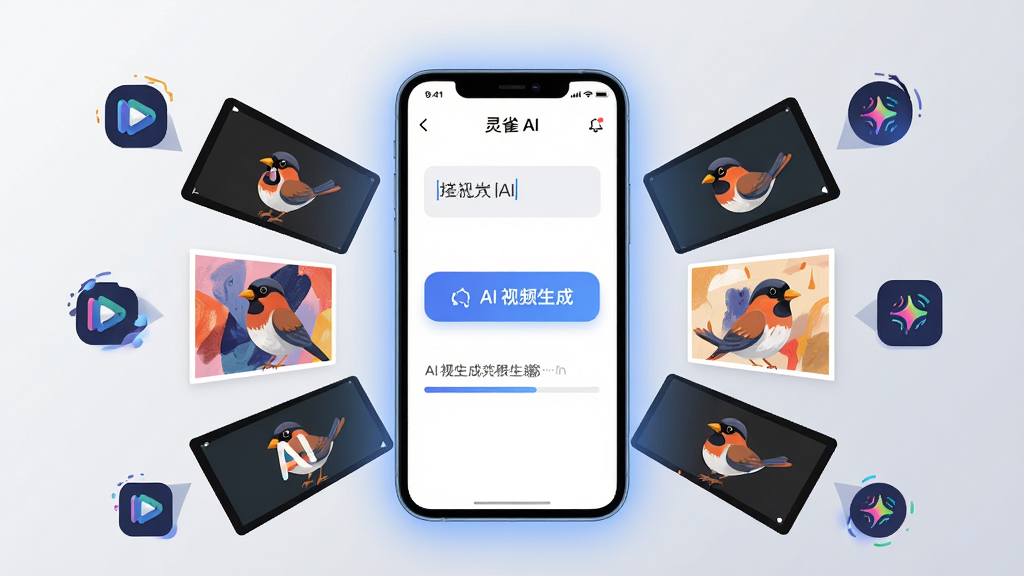 一幅展示灵雀AI核心功能的场景图,画面中央放置一部智能手机,手机屏幕显示灵雀AI应用界面,界面中有文字输入框、AI视频生成按钮和正在渲染的进度条。手机周围环绕着由AI生成的短视频缩略图、艺术画作和动态特效图标。布局采用中心对称构图,手机位于画面正中间,四周元素呈放射状排列。排版简洁清晰,风格为现代科技感扁平插画,细节上手机边缘有柔和的蓝色光晕,背景为浅灰色渐变,画质高清干净,无多余元素。