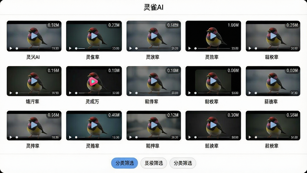 一幅展示灵雀AI模板库界面的示意图,画面中央是一个网格状排列的模板缩略图列表,每个缩略图代表一个视频模板,缩略图下方有模板名称标签。画面顶部有“灵雀AI”应用标题栏,底部有分类筛选按钮。布局采用居中网格排版,风格为清爽的移动端UI展示,细节上每个模板缩略图有播放时长角标,背景为白色,画质高清干净,无多余元素。