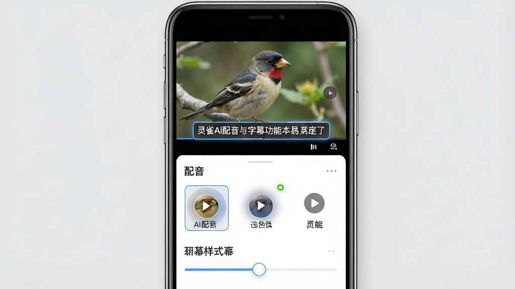 一幅展示灵雀AI配音与字幕功能的示意图,画面主体是一个手机屏幕,屏幕上半部分显示一段视频画面和字幕条,下半部分显示配音音色选择列表和字幕样式调节滑块。布局采用上下结构,风格为移动端应用界面展示,细节上字幕条有高亮描边,音色列表有选中状态标记,背景为浅灰色,画质高清干净,无多余元素。