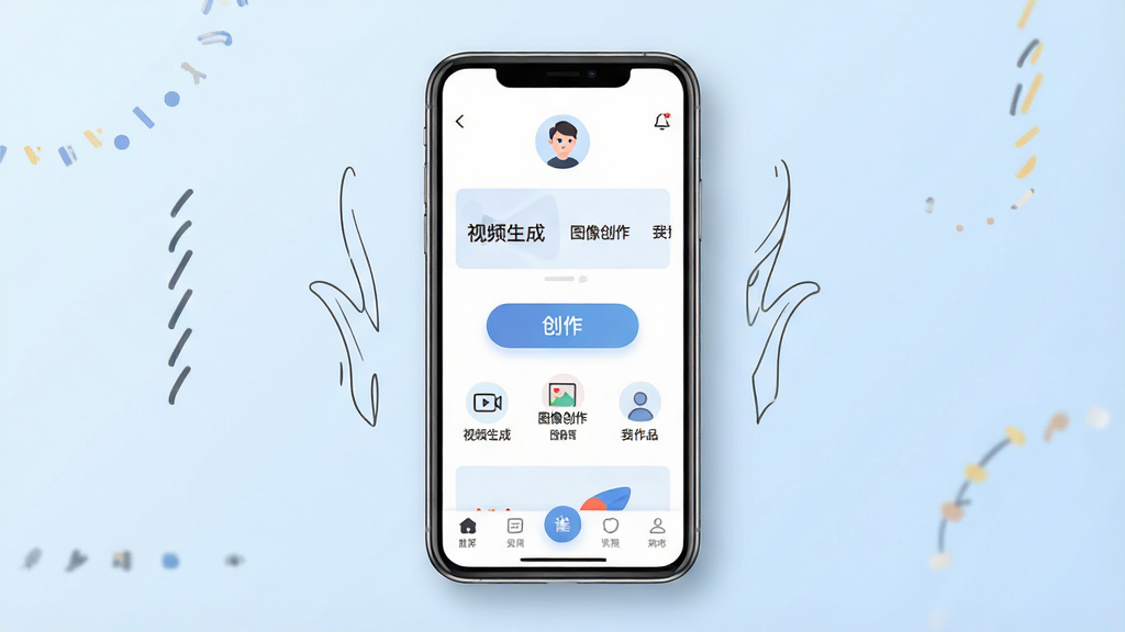 一幅展示灵雀AI移动端操作界面的示意图,画面主体是一部竖屏手机,手机屏幕上显示灵雀AI的主界面,包括底部导航栏、中央创作按钮和顶部的用户头像。界面中有清晰的文字标签如“视频生成”“图像创作”“我的作品”。布局采用居中构图,手机两侧有简洁的装饰线条。风格为现代扁平化UI展示,细节上手机有轻微立体阴影,背景为浅蓝色渐变,画质高清干净,无多余元素。