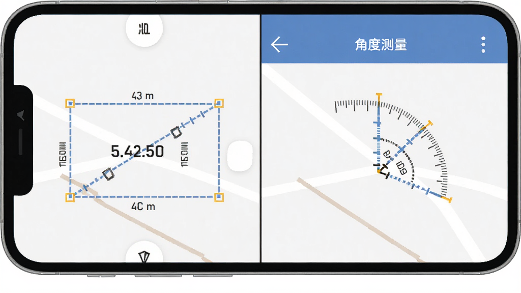 测量测距全能王功能展示图,画面中手机屏幕同时显示面积测量和角度测量界面,屏幕上有虚拟的矩形框和角度刻度线,布局采用分屏展示,排版整洁,风格为扁平化设计,细节包含测量数值和单位,画质清晰,干净,无多余元素