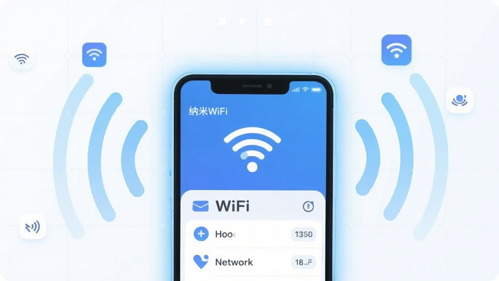 画面主体是一部智能手机,屏幕显示WiFi信号图标与网络列表界面,周围环绕着淡蓝色信号波纹;布局采用居中构图,手机位于画面中央偏下;排版上保持简洁,屏幕内容清晰可见;风格为现代科技感扁平插画,色调以蓝白为主;细节上手机边缘有轻微光晕,背景有淡淡的网格线与浮动的小图标;画质清晰,干净,无多余元素,图片中打文字“纳米WiFi”