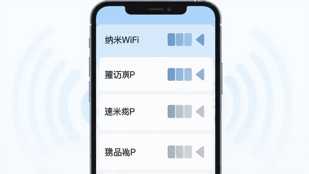 画面主体是一个手机屏幕,屏幕中显示多个WiFi名称与信号格图标,信号从强到弱排列;布局采用竖版构图,屏幕占据画面主要位置;排版上列表清晰,每行一个网络名称与信号标识;风格为简约扁平化UI插画,配色以浅蓝、白色、浅灰为主;细节上信号格有渐变填充,背景带有若隐若现的无线波纹;画质清晰,干净,无多余元素,图片中打文字“纳米WiFi”