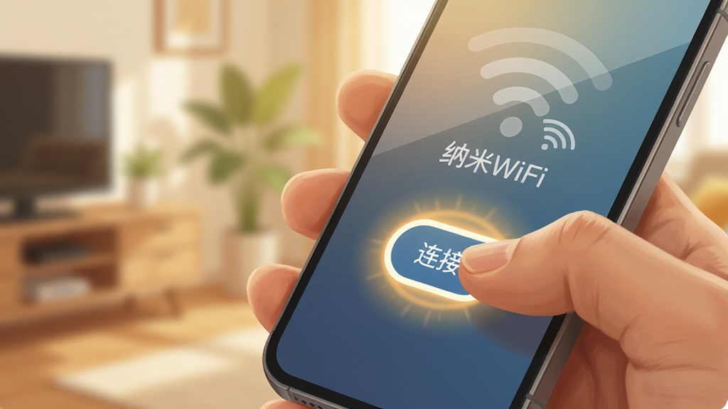 画面主体是一只手拿着手机,拇指正点击屏幕上的“连接”按钮,按钮周围有高亮光圈;布局采用特写构图,手与手机占据画面右侧;排版上按钮位于屏幕中央偏下;风格为写实与扁平结合的数字插画,色调温暖明亮;细节上手机屏幕有轻微的反射光,背景为虚化的室内环境;画质清晰,干净,无多余元素,图片中打文字“纳米WiFi”