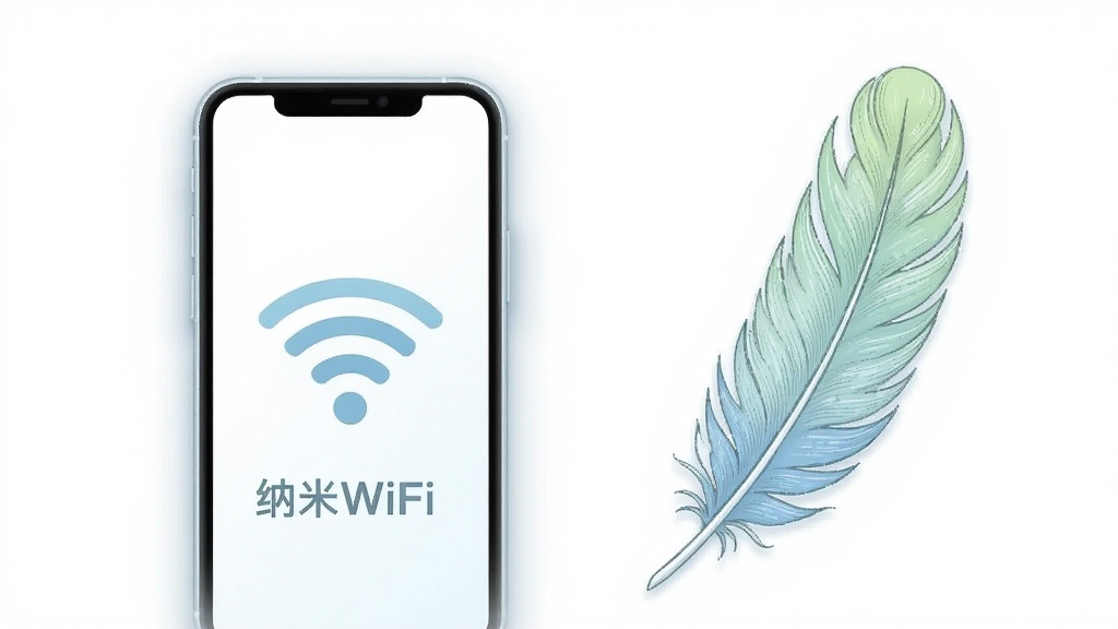 画面主体是一个手机与一片羽毛并列放置,手机屏幕上显示WiFi图标,羽毛象征轻量;布局采用左右对称构图,手机在左,羽毛在右;排版上简洁平衡;风格为清新简约插画,配色以白色、浅蓝、淡绿为主;细节上羽毛有细腻的纹理,手机边缘有柔和阴影;画质清晰,干净,无多余元素,图片中打文字“纳米WiFi”