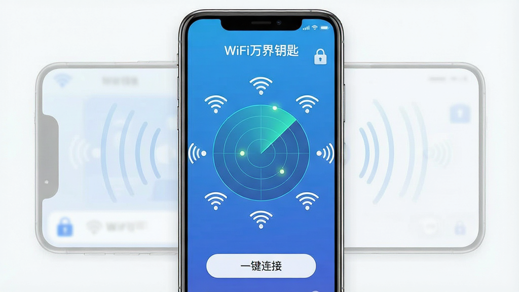 一张展示WiFi万界钥匙手机应用主界面的图片,画面中央是一部现代智能手机,屏幕显示蓝色渐变背景的APP界面,界面顶部有“WiFi万界钥匙”文字标识,中间是雷达扫描动画效果,周围环绕多个WiFi信号图标,底部有“一键连接”按钮,整体布局简洁清晰,风格为科技感扁平化设计,细节包括信号波纹和锁形图标,画质高清,干净,无多余元素