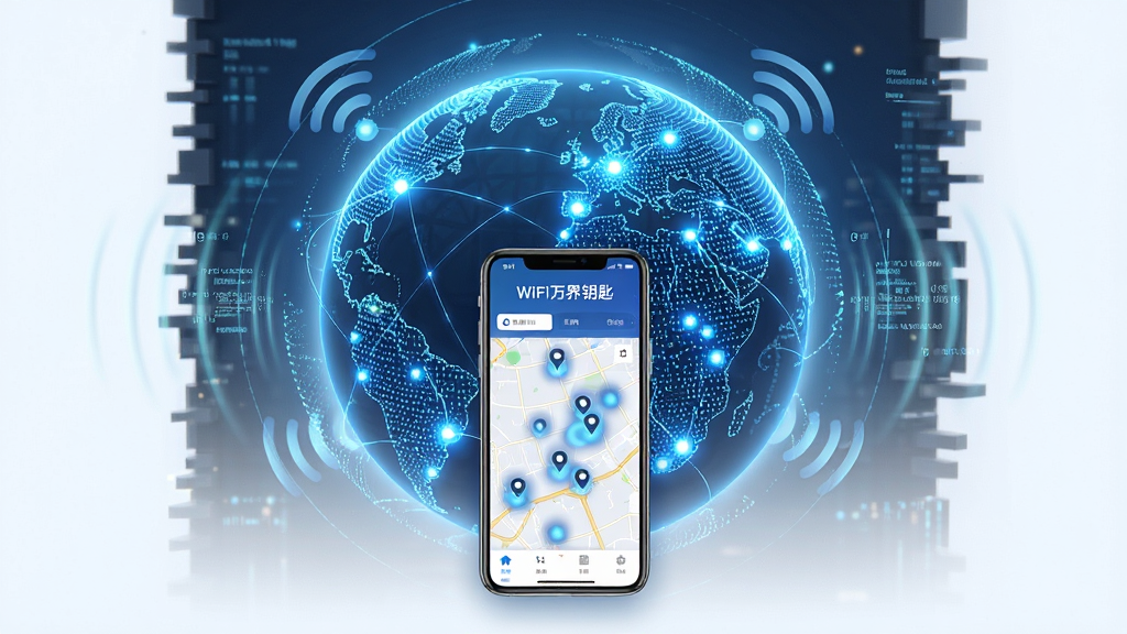 一幅展示WiFi万界钥匙海量热点数据库概念的图片,画面中心是一个发光的地球仪,表面分布着密集的蓝色光点代表热点位置,地球仪前方悬浮一部手机,手机屏幕显示“WiFi万界钥匙”应用界面和地图热点标记,布局采用居中构图,风格为未来科技感,细节包括光点连线、信号波纹和数据流线条,画质清晰,干净,无多余元素