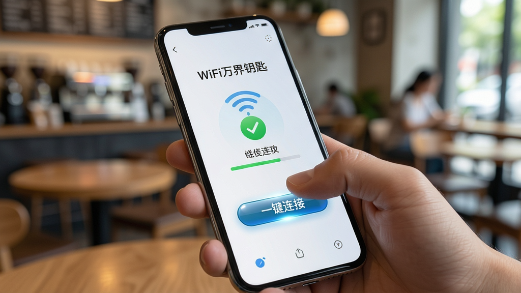 一张表现WiFi万界钥匙一键连接功能的图片,画面中一只手拿着手机,拇指正点击屏幕上的“一键连接”按钮,手机屏幕显示“WiFi万界钥匙”界面和连接成功动画,背景为虚化的咖啡馆环境,布局突出手机和手指动作,风格为写实生活化,细节包括按钮高光、信号图标和进度条,画质高清,干净,无多余元素