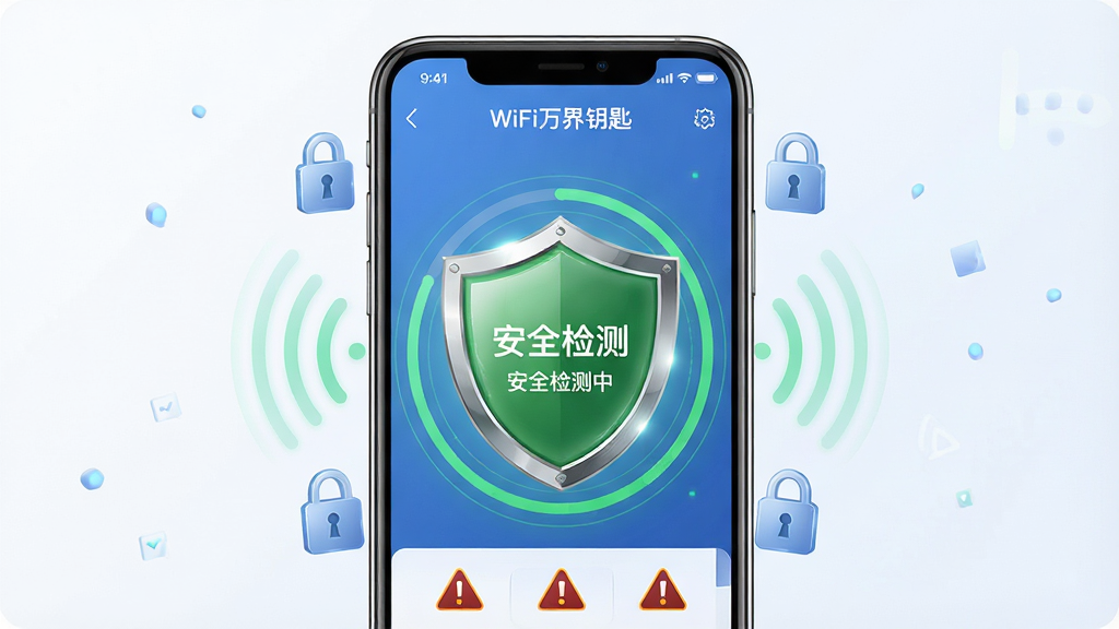 一幅展示WiFi万界钥匙安全检测功能的图片,画面中央是一部手机,屏幕显示“WiFi万界钥匙”应用界面,上面有一个绿色的盾牌图标和“安全检测中”文字,盾牌周围环绕着锁形图标和信号波纹,布局对称,风格为安全科技感,细节包括盾牌光泽、检测进度环和警告标识,画质清晰,干净,无多余元素