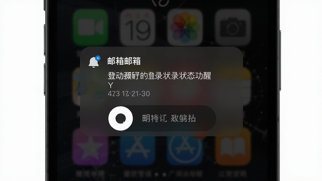 手机邮箱邮件登陆登录状态提醒功能,主体为手机锁屏界面弹出通知提醒,布局为居中弹窗式排版,风格为现代简约暗色主题,细节包括通知图标、提醒文字内容、时间戳、底部有滑动操作提示,画质高清,干净无多余元素