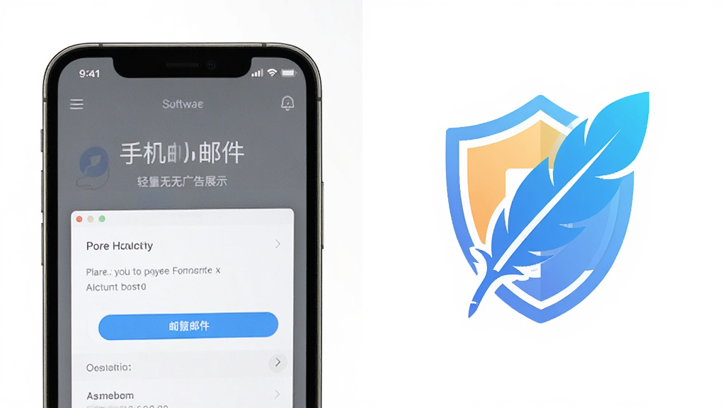 手机邮箱邮件登陆轻量无广告特性展示,主体为手机屏幕显示软件运行界面搭配轻盈羽毛图标,布局为左右分栏式排版,风格为清新浅色极简设计,细节包括左侧展示软件界面、右侧展示羽毛与盾牌组合图标、背景为白色,画质高清,干净无多余元素