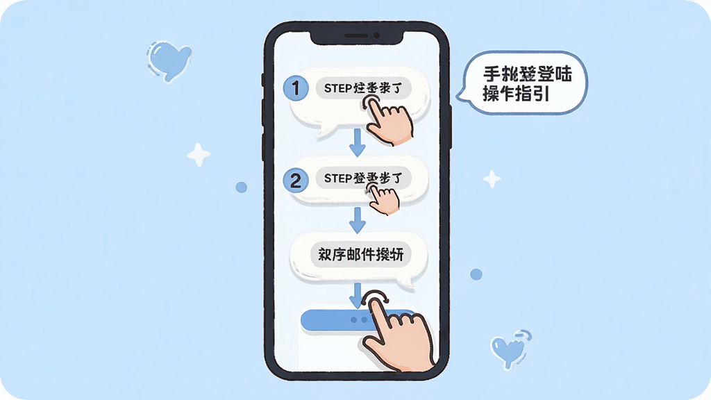 手机邮箱邮件登陆新手操作指引场景,主体为手机屏幕展示软件操作步骤示意图,布局为纵向流程图式排版,风格为友好亲和的插画风,细节包括步骤编号、操作手势图标、提示气泡、背景为浅蓝色,画质高清,干净无多余元素