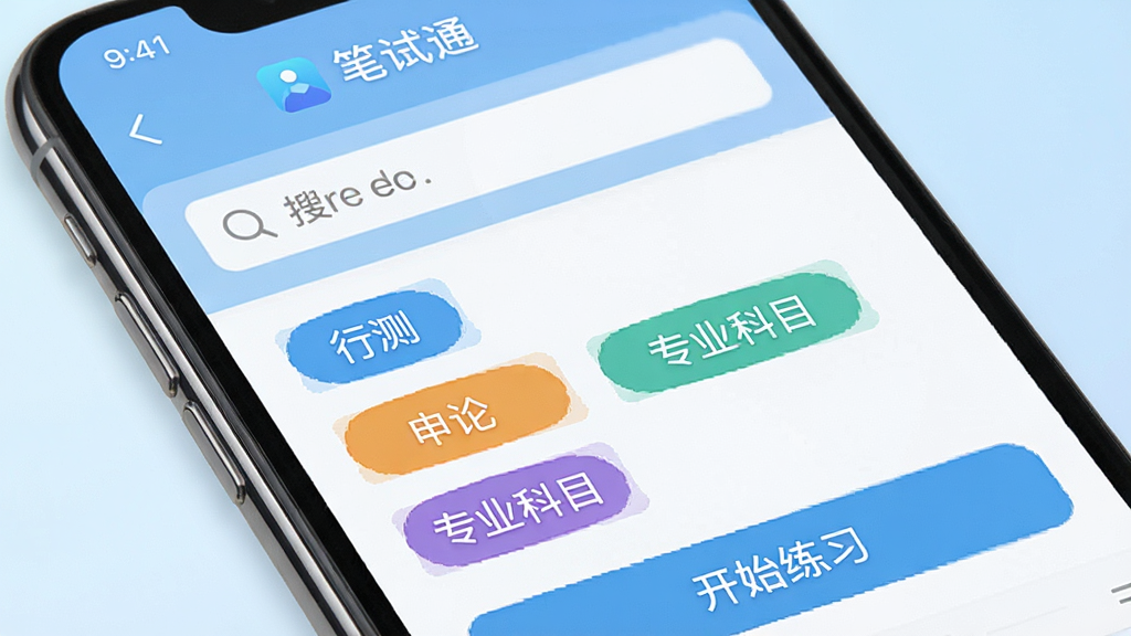 手机屏幕特写,显示“笔试通”题库列表页面,页面中排列着不同颜色的题目分类标签,如“行测”“申论”“专业科目”,屏幕上方有搜索框,下方有“开始练习”按钮,背景为浅蓝色渐变,风格清新,画质清晰,干净,无多余元素