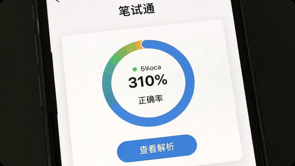 手机屏幕截图,显示“笔试通”模拟考试结果页面,页面中有圆形分数图表、正确率百分比和“查看解析”按钮,背景为白色卡片式布局,风格简约,画质清晰,干净,无多余元素