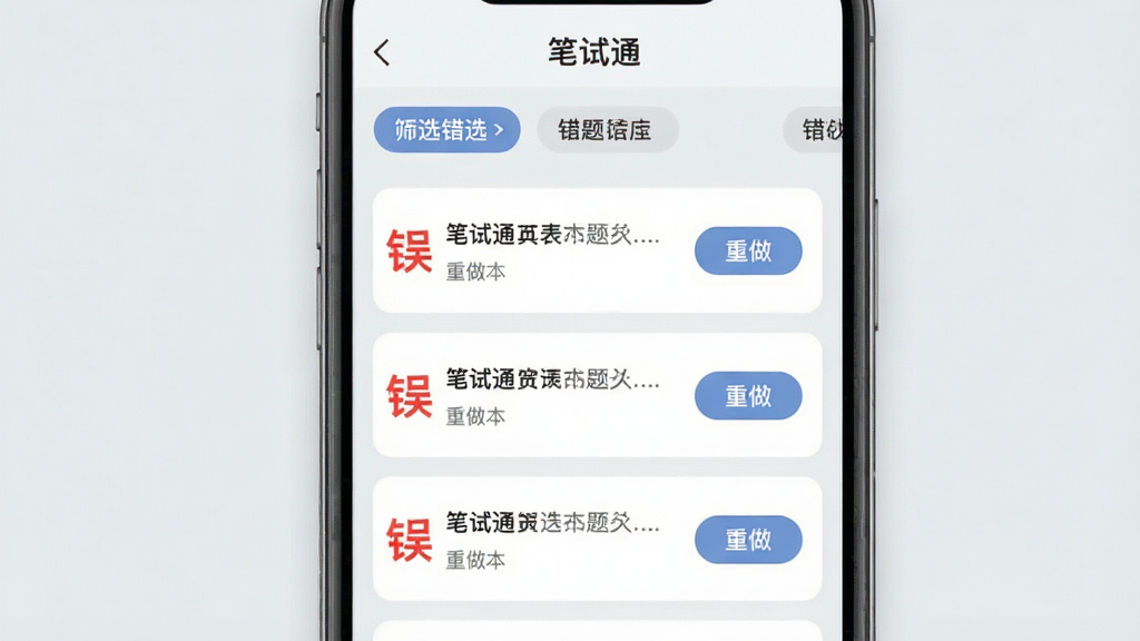 手机界面展示“笔试通”错题本页面,列表中有多道题目卡片,每张卡片左侧有红色错误标记,右侧有“重做”按钮,顶部有筛选标签,背景为浅灰色,风格整洁,画质清晰,干净,无多余元素
