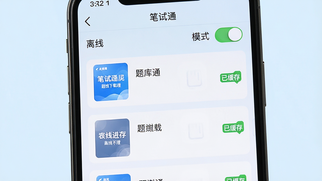 手机屏幕显示“笔试通”离线下载管理页面,页面中列出多个已下载的题库包,每个包右侧有“已缓存”绿色标识,顶部有“离线模式”开关,背景为淡蓝色,风格清爽,画质清晰,干净,无多余元素