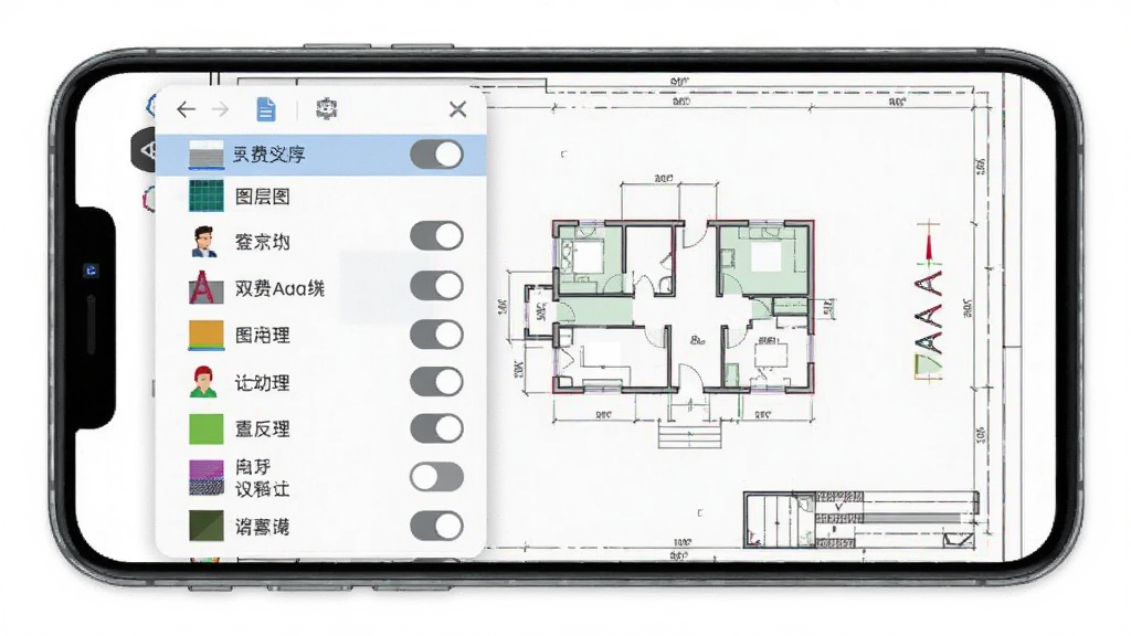手机免费CAD看图 图层管理 手机屏幕显示CAD图纸 左侧弹出图层列表菜单 有开关按钮控制图层显示与隐藏 风格扁平化设计 细节包含不同颜色的图层色块 画质清晰 干净 无多余元素